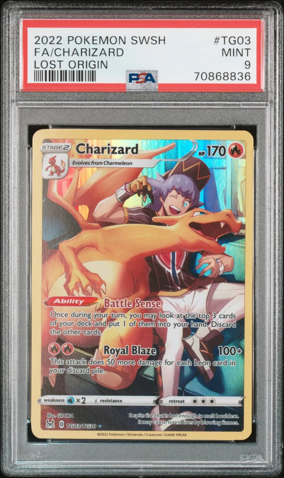 2022 Pokemon Schwert & Schild Verlorener Ursprung #TG03 FULL ART / Charizard PSA 9